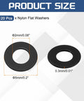 Tough M2 Nylon Flat Washers In Matte Black, 120 Piece Bulk Pack, detailing sizes, 5mm OD and 0.3mm thick for secure fastening.