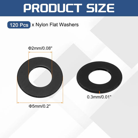 Tough M2 Nylon Flat Washers In Matte Black, 120 Piece Bulk Pack, detailing sizes, 5mm OD and 0.3mm thick for secure fastening.