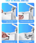 Installation steps for 1080 Degree Swivel Faucet Aerator With Dual Water Outlet Modes in bathroom setup