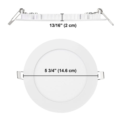 Side and front view of a Six Pack 5 Inch LED Recessed Ceiling Lights Sleek Ultra Thin Canless Downlight with dimensions.