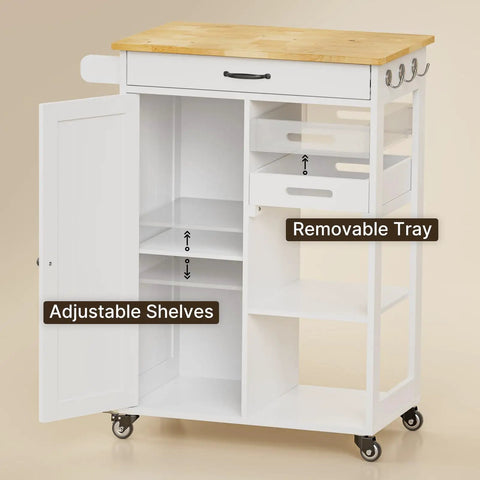 Smooth Rolling Kitchen Island Cart With Solid Wood Counter And Ample Storage Cabinet Featuring Removable Tray Heavy Duty Rolling Cart For Tight Kitchens And Apartments Pretty Darn Spacious