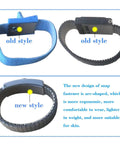 Comparison of old and new styles of adjustable length ESD wrist strap with retractable coil lead and ergonomic features.
