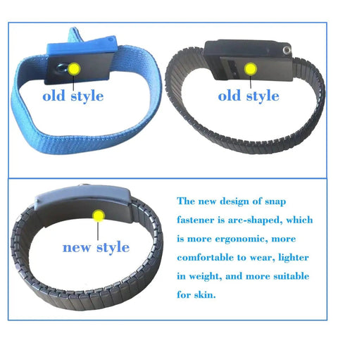 Comparison of old and new styles of adjustable length ESD wrist strap with retractable coil lead and ergonomic features.