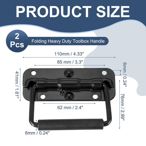 Folding Heavy Duty Toolbox Handle Set Spring Loaded With Rubber Surface, size 110x41x76 mm, black finish, shown in product dimensions.