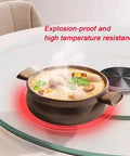 Heavy Duty Turntable Lazy Susan Tempered Glass Serving Tray with hot pot, anti tilt swivel plate, kitchen table setup.