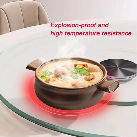Heavy Duty Turntable Lazy Susan Tempered Glass Serving Tray with hot pot, anti tilt swivel plate, kitchen table setup.