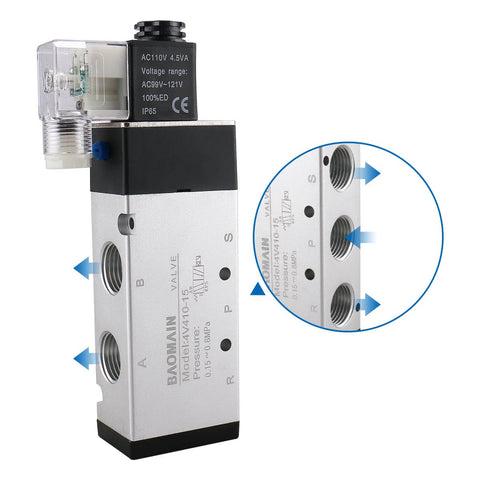Industrial Pneumatic Solenoid Valve 4V410-15 With AC 110V Control, showing ports and electrical connection, 5 way 2 position design