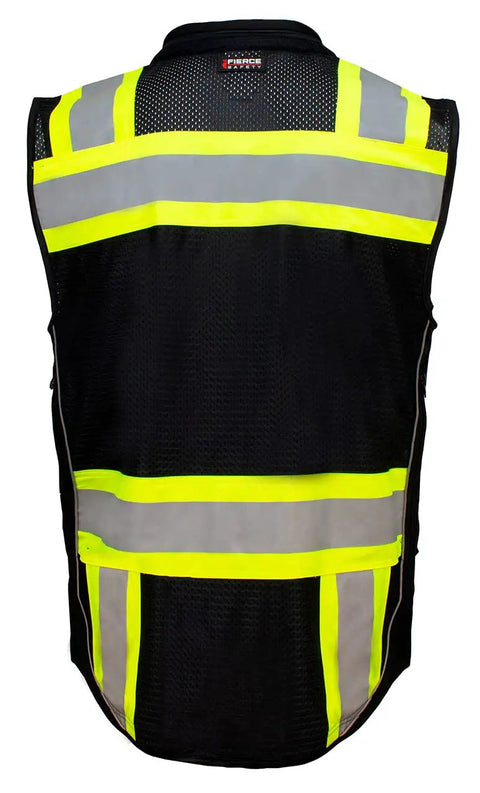 Pro Level Ansi Class One Safety Vest For Surveyors In Matte Black With High Vis Reflective Trim breathable mesh back view.