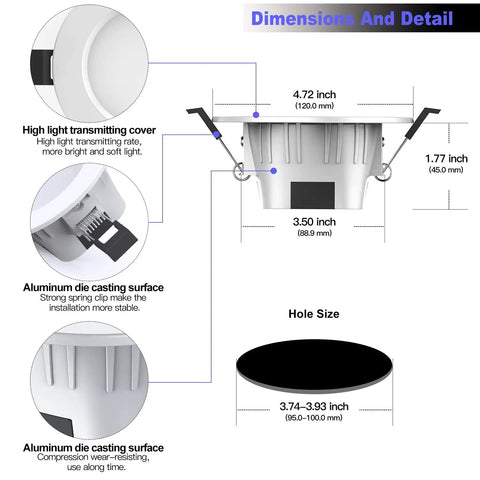4 Inch Smart LED Recessed Downlight Kit With 9W E26 Base dimensions and details, aluminum casting surface, high light cover.