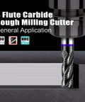 Close-up of 1/2-inch carbide roughing end mill, 4-flute, cutting metal for steel, aluminum and hardened metals