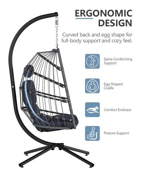 Cozy Outdoor Egg Chair With Stand, Wicker Hanging Swing Chair With Cushion, 350 Lb Weight Capacity In Dark Grey