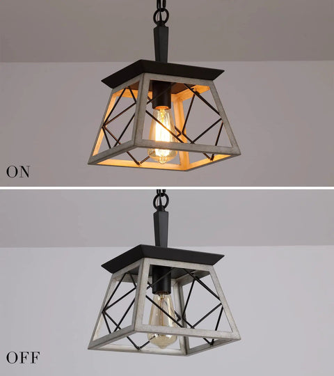 Farmhouse Style Pendant Light Fixture For Dining Room Hallway Entryway And Kitchen Island 1 Light Industrial Chandelier With Oak White Frame And Black Matte Iron Finish UL Listed For Indoor Living Spaces shown on and off