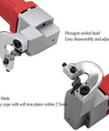 Close-up of Acivirdde Electric Sheet Metal Shears with hexagon socket head and hard blade for precise cuts in metal.