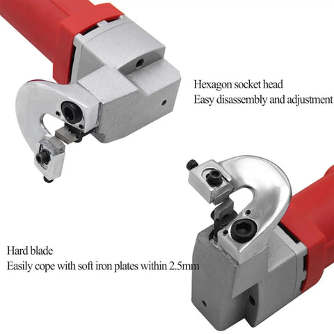 Close-up of Acivirdde Electric Sheet Metal Shears with hexagon socket head and hard blade for precise cuts in metal.