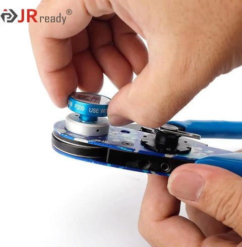 Hand adjusting the JRready P209 Crimping Tool Positioner Head for AS22520/2-01, suitable for MIL Spec terminals.