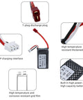 Components of 7.4V 1000mAh Li Ion Battery Pack For RC Trucks And Cars, 2 Pack 2S 25C With T Plug, showing T-plug and charging interface