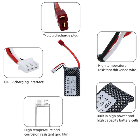 Components of 7.4V 1000mAh Li Ion Battery Pack For RC Trucks And Cars, 2 Pack 2S 25C With T Plug, showing T-plug and charging interface