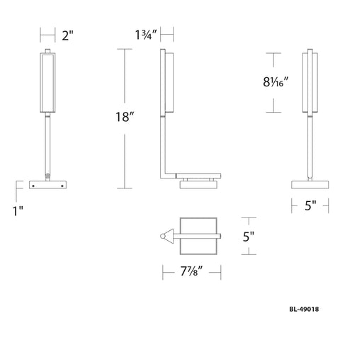 Technical diagram of Bedside Display Light With Rotating Arm, No Fuss Dimmable Fingertip Touch Switch, Wall Mount Headboard Lamp In Brushed Nickel.