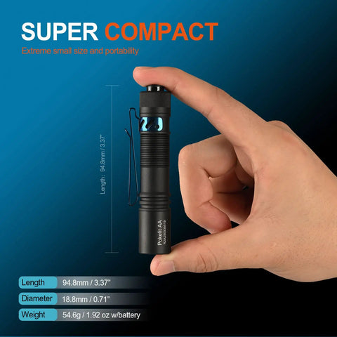 Hand holding Rechargeable AA Pocket Flashlight With Clip, Tiny But Mighty EDC Light, 500 Lumen Copper Flashlight With 519A LED