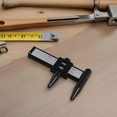2pcs ABS Wheel Bolt Spacing Tool for Wheel Hub Precision Measurement on wooden surface with measuring tools.