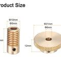 Product dimensions of Beefy Brass Worm Gear Set 0.5 Module 60 To 1 Reduction, 5mm Bore Shaft And 6mm Bore 60 Tooth Brass Gear Wheel.
