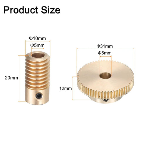 Product dimensions of Beefy Brass Worm Gear Set 0.5 Module 60 To 1 Reduction, 5mm Bore Shaft And 6mm Bore 60 Tooth Brass Gear Wheel.