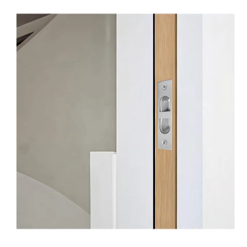 4 Inch Pocket Door Edge Pull Flush Mount Handle in 304 Stainless Steel for Pocket Door Hardware, installed on wooden door edge