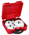Front view of red 28-piece ice hardened hole saw kit case with white circular saws