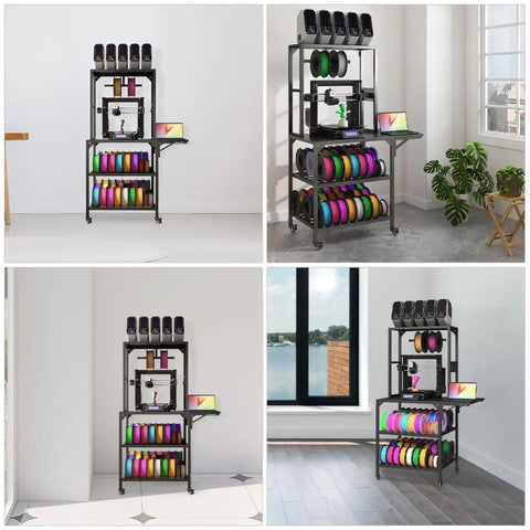 Solid As A Rock 4 Tier Rolling 3D Printer Stand With Hella Spacious Spool Storage And Sturdy Metal Workstation Desk showing colorful spools and printer.