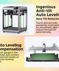K2 Plus Combo 3D Printer with auto leveling compensation and anti-tilt feature, showing dual Z-axis motorization and leveling mesh