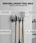 Iron Wall Mount Tool Rack For Garage, Heavy Duty Metal Organizer For Shovels, Rakes, And Brooms With Screws, Black Finish