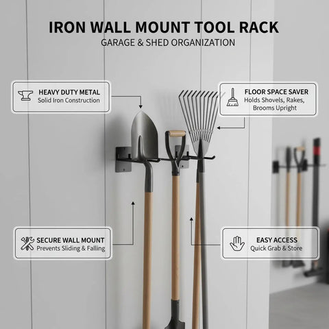 Iron Wall Mount Tool Rack For Garage, Heavy Duty Metal Organizer For Shovels, Rakes, And Brooms With Screws, Black Finish