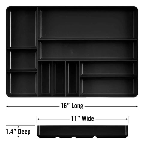 10 Compartment Drawer Organizer For Tools And Hardware, Heavy Duty Stackable Tray For Automotive Storage, dimensions shown