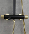 Chill Out With This Top Tier Wall Mounted Shower Set Featuring Adjustable Rain Head, Slick Handheld Wand, Rapid Fill Tub Spout, And Precise Honeycomb Foamer For Zero Stress Bathroom Upgrades, black and gold wall-mounted faucet.