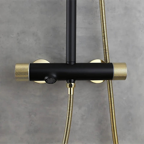 Chill Out With This Top Tier Wall Mounted Shower Set Featuring Adjustable Rain Head, Slick Handheld Wand, Rapid Fill Tub Spout, And Precise Honeycomb Foamer For Zero Stress Bathroom Upgrades, black and gold wall-mounted faucet.