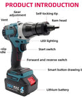 Cordless rivet gun showing gear adjustment, LED lighting, non-slip handle, and 26V battery for easy auto repairs.