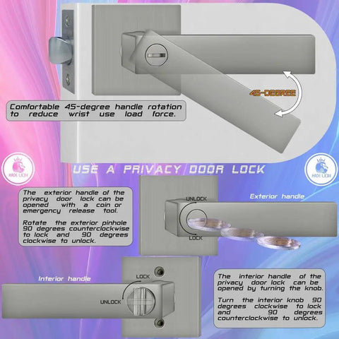 Diagram showing Six Pack Privacy Square Door Levers in Brushed Nickel Finish with thumb turn and unlocking instructions.