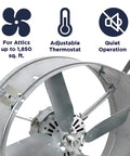 Gable Mount Attic Ventilator With 14 Inch Blade And 2.6 Amp Motor, Thermostat Controlled Exhaust Fan For Up To 1850 Sq Ft, Powerhouse Attic Fan
