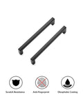 55 Pack Solid 5 Inch Center To Center Slim Square Drawer Handles Matte Black Cabinet Hardware, showing two handles with scratch resistance icons