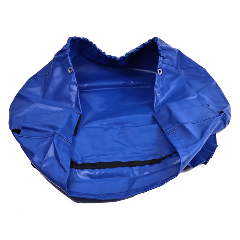 Interior view of rugged waterproof control box cover for boom lift platforms made of blue PVC fabric.
