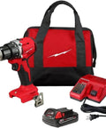 Compact One Half Inch Cordless Drill Driver Kit Featuring Redlithium Battery And Smart Overload Protection on display with charger and bag.