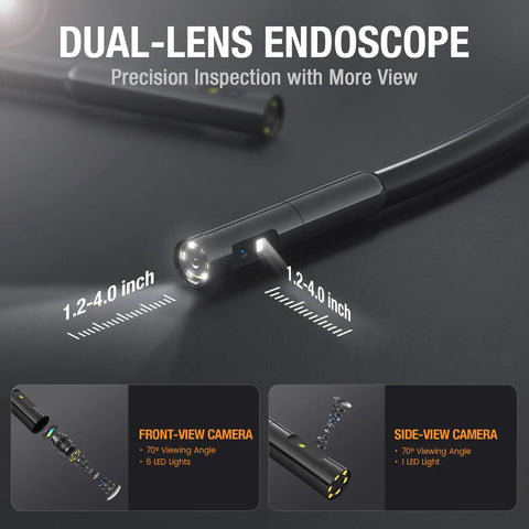 50Ft Dual Lens Endoscope With Light For Drain Snakes, IP67 Waterproof Borescope Camera For Sewer Pipe Inspection, 15M Long Flexible Probe, A Solid DIY Plumbing Tool, dual-camera head