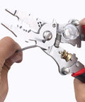 Heavy Duty Electrician Wire Stripper Tools With Built In Voltage Tester And Crimping Pliers in hand, showcasing ergonomic design and alloy jaws.