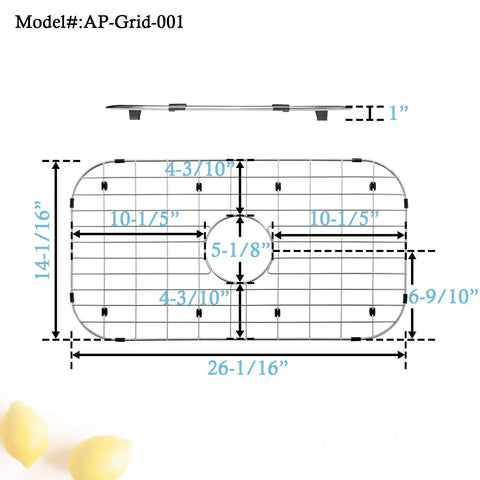 Diagram of Heavy-Duty Stainless Steel Sink Grid Protectors for Single Bowl Kitchen Sinks, center drain, 26 1/16 x 14 1/16 inches.