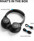 Q20i Hybrid Active Noise Cancelling Wireless Over Ear Headphones With 40 Hour Battery Life Dope Bass Rich Hi Res Audio App Customization Transparency Mode Black, USB-C and AUX cables
