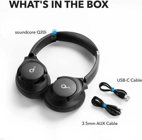 Q20i Hybrid Active Noise Cancelling Wireless Over Ear Headphones With 40 Hour Battery Life Dope Bass Rich Hi Res Audio App Customization Transparency Mode Black, USB-C and AUX cables