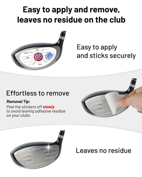 Golf Impact Tape With Red Target Sweet Spot For Instant Swing Feedback And Self Teaching Practice Indoor And Outdoor Use 300 Count High Precision Swing Training Aid applied and removed from club face showing no residue.
