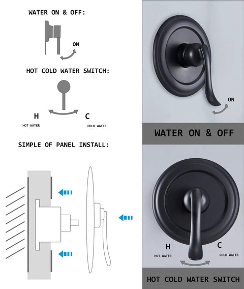 Matte Black Shower System With Handheld Showerhead And Rain Shower Head Dual 2 In 1 Faucet 3 Way Diverter Boss Level Spa Vibe Ultra Durable Copper Valve Leak Proof Easy Install Modern Bathrooms water control panel and installation guide