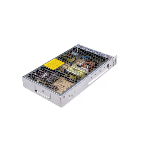 Industrial DC Power Supply With Single Output And Voltage Options From 3.3V To 48V Rugged No Nonsense Automation Grade Unit For Machinery And Electronics Compact And Efficient Built To Last Plug And Play Ready For Easy Setup In Industrial Projects. silver metal enclosure with honeycomb top