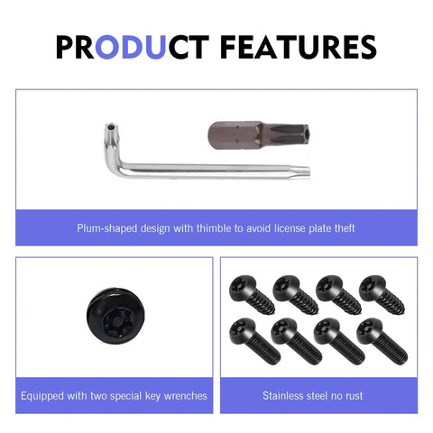Heavy Duty M6 Tamper Proof License Plate Screws Straight Up Crafted From Top Shelf 304 Stainless Steel with wrench and screws.